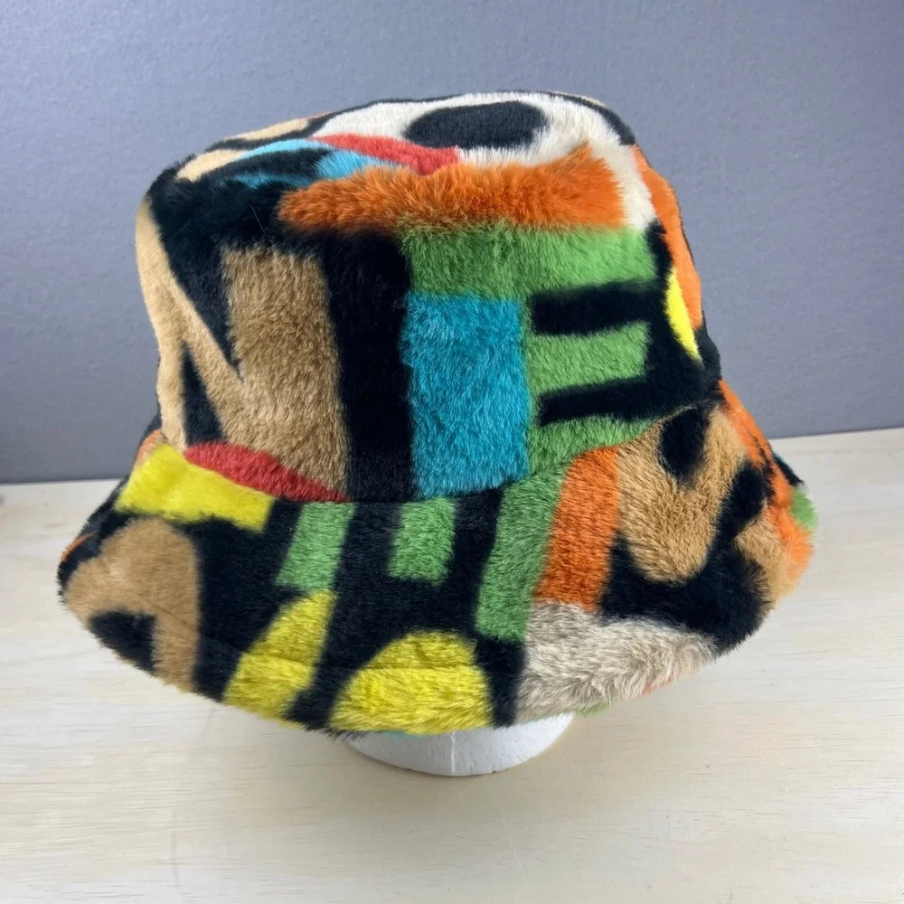 Multicolor Faux Fur Bucket Hat Abstract Pattern Streetwear Plush Winter Cap